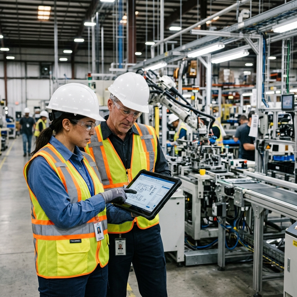 Industrial engineers collaborating around a tablet